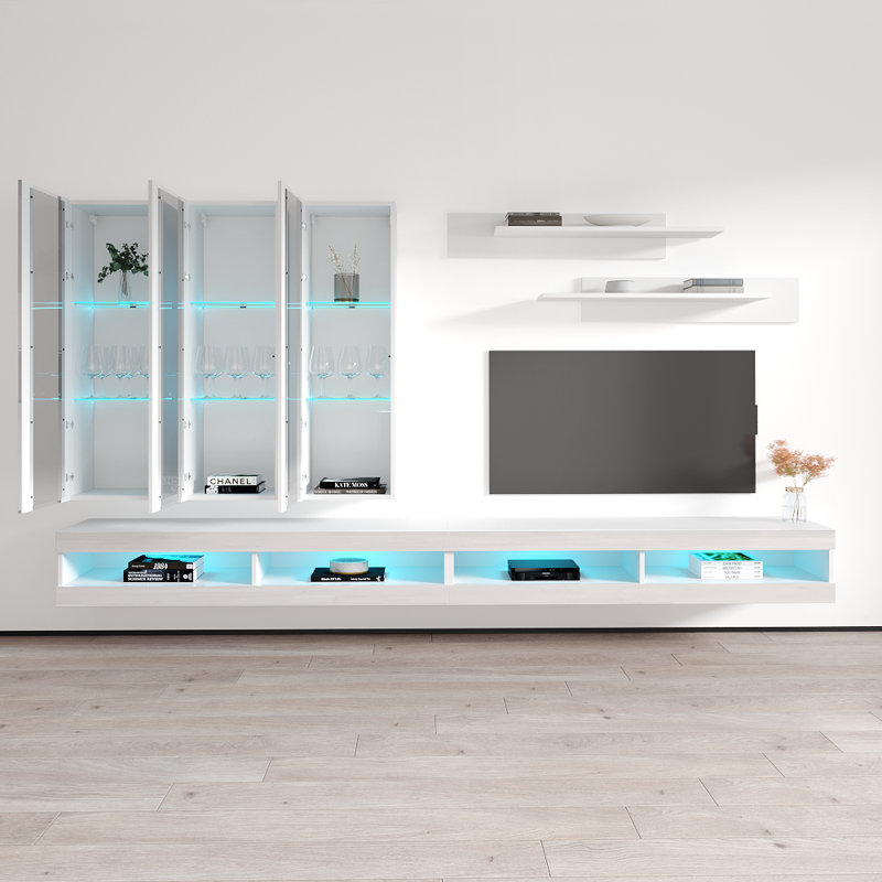 Flye 126" Modern Floating Wall Mounted Entertainment Center with 16-Color LED Lighting, High Gloss Finish, White