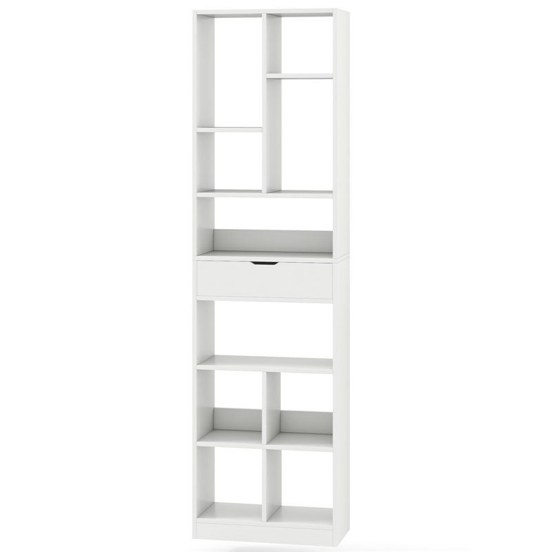 Étagère sur pied blanche à 7 niveaux avec tiroir, étagère de rangement haute pour salon, chambre et bureau, blanche