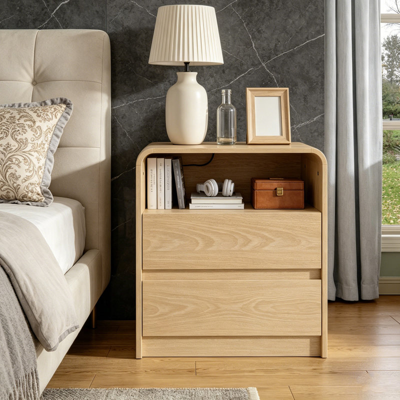 Nola Modern Nightstand with Charging Station and Open Shelf & 2 Drawers,Curved Edges, End Table for Bedroom,living Room