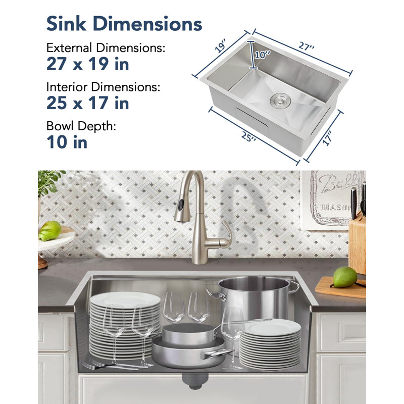Undermount Kitchen Sink, 23x18 in Stainless Steel Kitchen- Single Bowl Sinks, Modern Top Mount 16 Gauge Workstation Sink-with Accessories for Bar, Silver (Not Included Faucet)