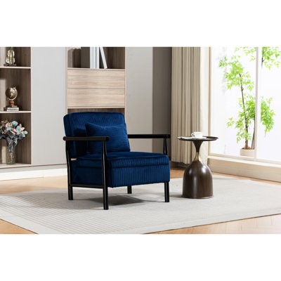 Fauteuil de lecture moderne du milieu du siècle avec rangement, fauteuil d'appoint rembourré pour salon ou chambre, structure en bois, velours côtelé bleu antique, rembourrage en mousse haute densité, coussin lombaire, 14 kg