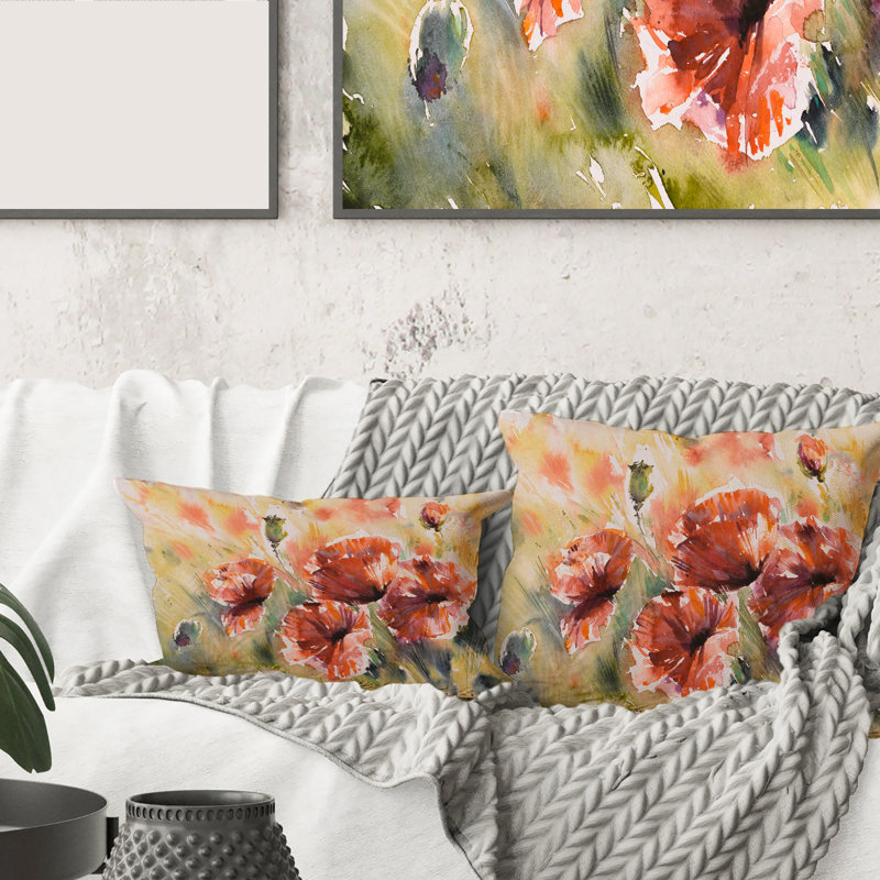 Coquelicot rouge sur un champ - coussin traditionnel imprimé, 18" x 18"
