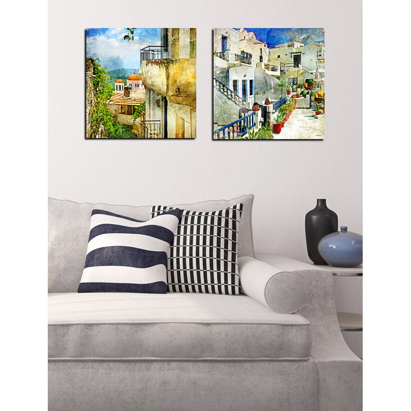 Santorini Blue and Beige Tempered Glass Wall Art, 12" x 12"
