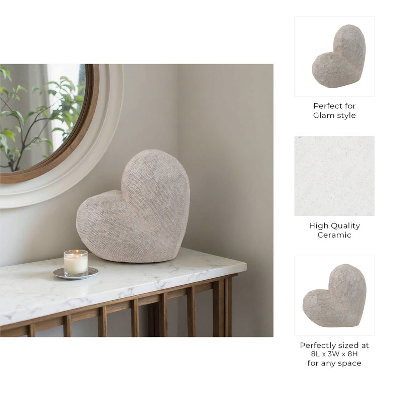 Millsap Ceramic Geometric Heart Sculpture, 8" H x 3" W x 8" D, Champagne