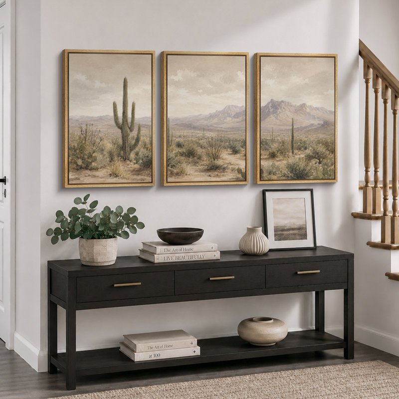 «Warm Desert Cactus Mountain View», images de salon, impression sur toile encadrée, 3 pièces, H 24 po x l 48 po x P 1,5 po