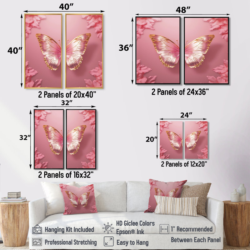 Papillon rose et or II - animaux, art mural 2 panneaux, H 40 po x l 40 po, Toile tendue, Ne s’applique pas