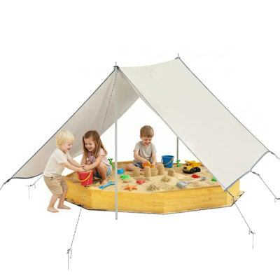 Bac à sable jaune en bois octogonal pour enfants avec grand auvent, 4 bancs intégrés et doublure inférieure