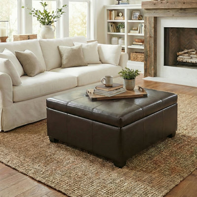 Pouf de rangement carré avec table basse intégrée - 87 x 87 x 46,5 cm - Cuir PU - 1 pièce - Couleur chocolat - Charnière hydraulique