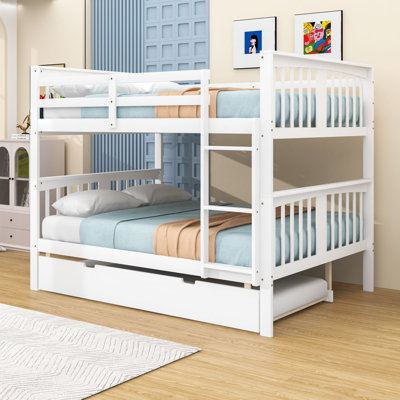 Full Over Full Bunk Bed With Twin Trundle, Ladder & Guardrails, Splitable Into 2 Beds