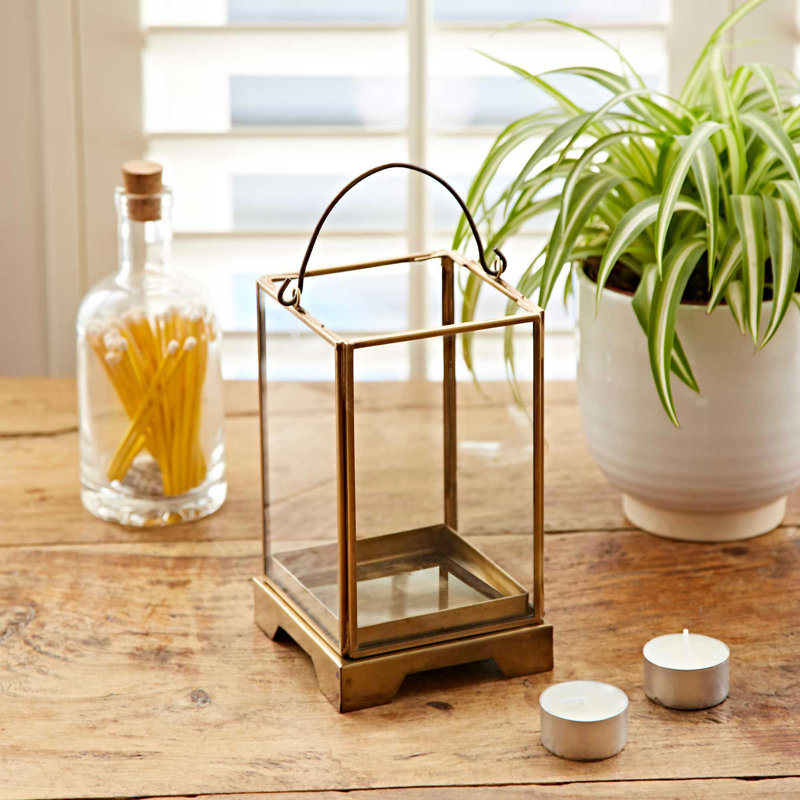 Antique Brass Candle Lantern, 18cm H x 10cm W x 10cm D