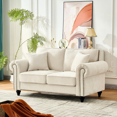 63 - Inch 2 Seater Modern Chenille With Rolled Arms, Wood Legs And Nailhead Trim In Beige For Primary Living Areas, Filled High Density Foam, Soft Velvet Like Fabric, Solid Frame, Curved Armrest