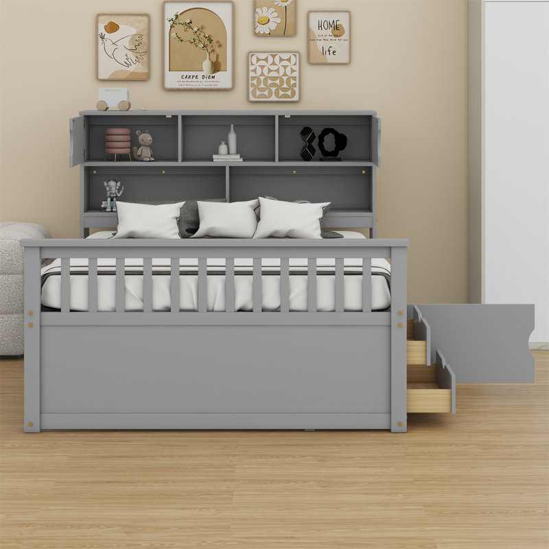 Base de lit plateforme capitaine avec bibliothèques de rangement et tablettes, quatre tiroirs, Gris