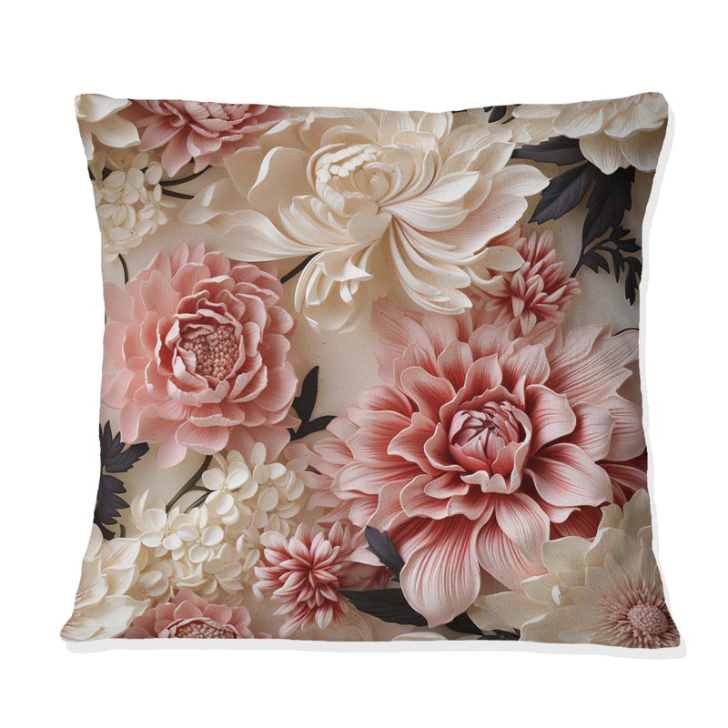 Coussin décoratif rose et blanc à pivoines délicates - imprimé floral, H 18 po x l 18 po