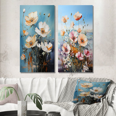 Beige And Purple Ranunculus Watercolor Bloom - Floral Canvas Art Print Set Of 2