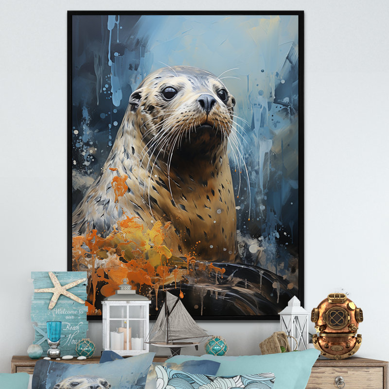 «Blue Seal Portrait II - Coastal Animal», art mural, Cadre flottant noir, H 32 po x l 24 po x P 1 po