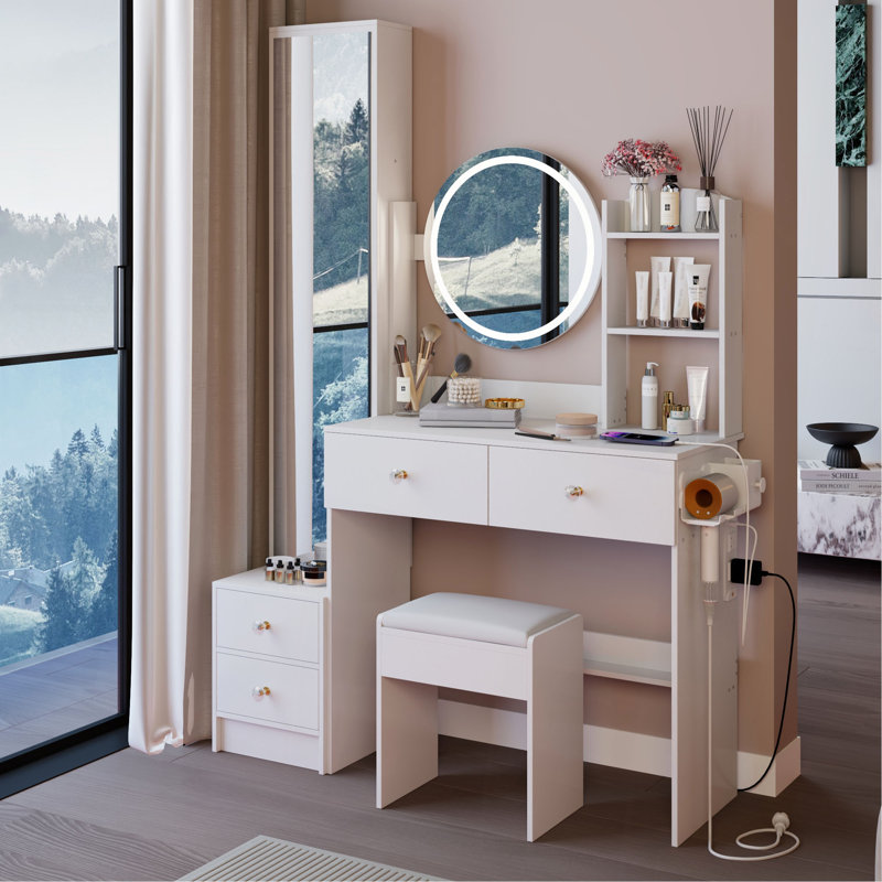Armoire à miroir pleine grandeur + coiffeuse à miroir rond à DEL + tabouret rembourré, avec 2 centrales électriques + 2 centrales USB, miroir à DEL de 17 po de diamètre, commande tactile, 3 couleurs, luminosité réglable, grand bureau