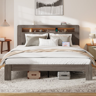 Cadre de lit très grand, cadre de lit plateforme en bois avec tête de lit à DEL avec rangement et 2 ports USB, silencieux, aucun sommier nécessaire et outil d'assemblage facile, grand rangement sous le lit, gris foncé