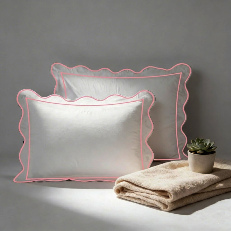 400TC Cotton Scallop Embroidery & Border Sateen Solid Pillow Sham, White/Light Pink Border