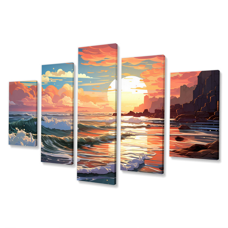 Glorious Blossoming Sunrise Over Ocean I - Art mural sur toile plage - 5 panneaux