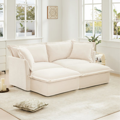 Slipcovered Sofa 2 Seater Sofa    With 2 Ottomans, 2 Seater Sleeper Sofa Bed Home Theater Oversized Sofa For Living Room, Chenille, Cream