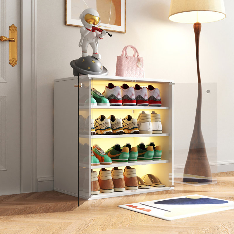 Shoe Box With RGB LED Light, Wooden Stackable Shoe Storage Box With Glass Door, Shoe Storage Bin Shoe Display Case For Sneakers (4 Tier1)