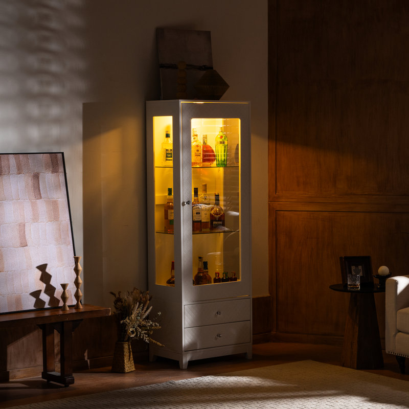 Armoire à vin autoportante de 71 po avec éléments rembourrés, 2 tiroirs de rangement, porte en verre, tablettes réglables, plafond à DEL 5 couleurs, vue panoramique 180 pour la décoration intérieure - mobilier de bureau blanc