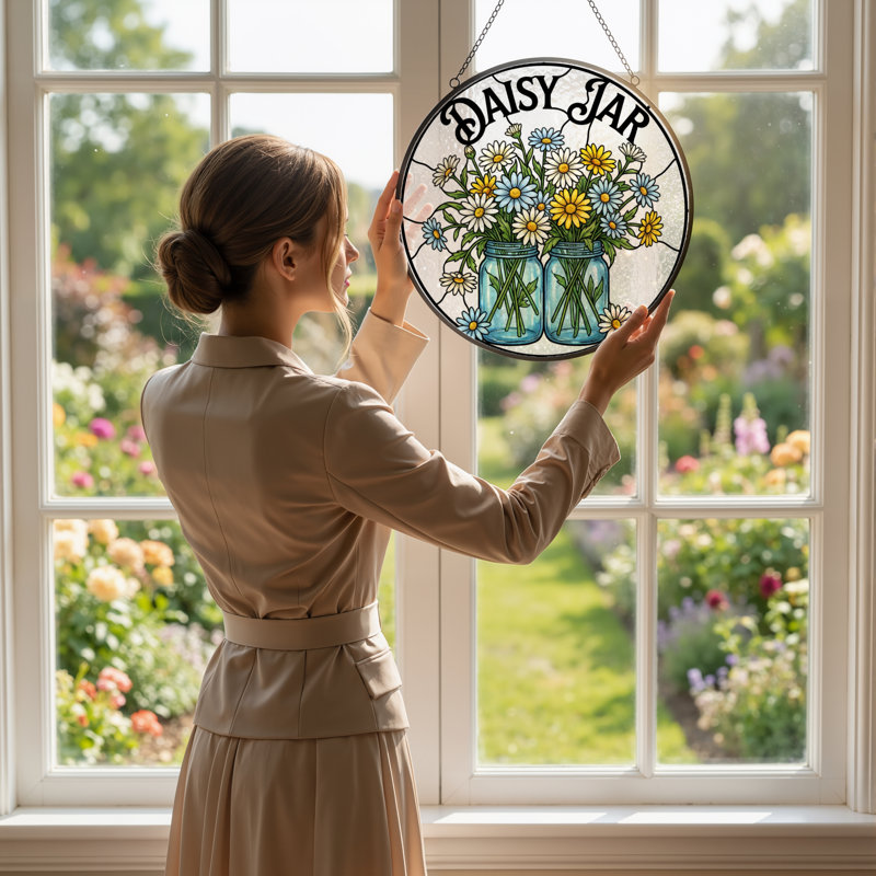 12"H Daisy Jar Stained Glass Window Panel, 12" H x 12" W