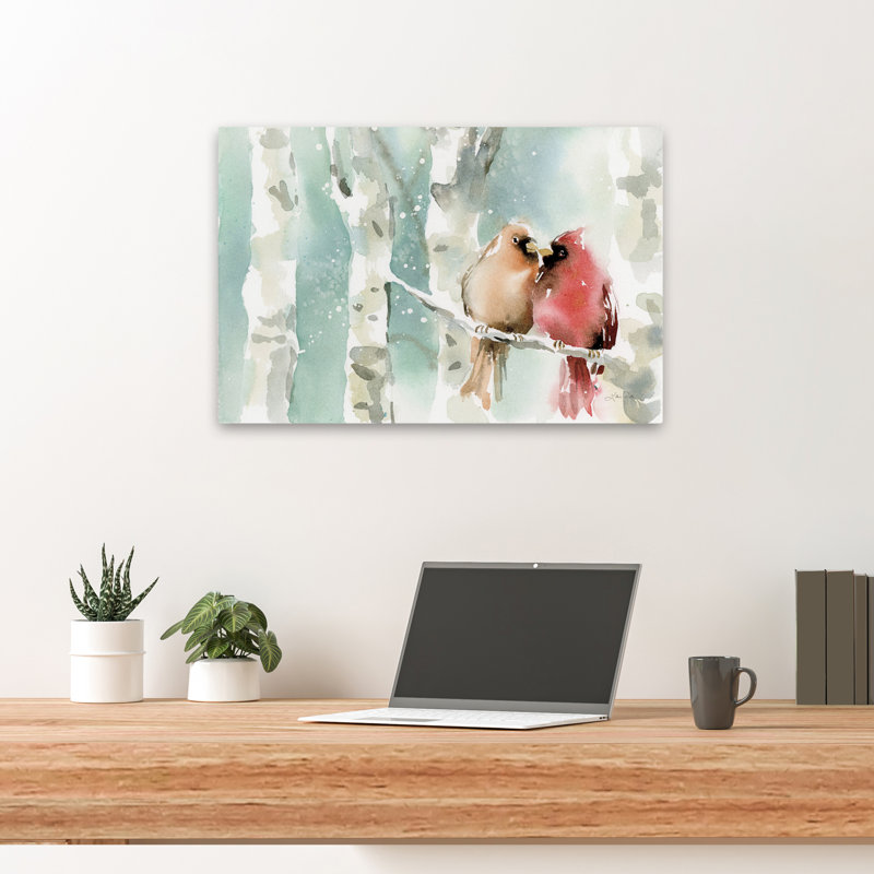 Cardinals de Noël - animaux, bouleaux, oiseaux, art noir, H 16 po x l 24 po