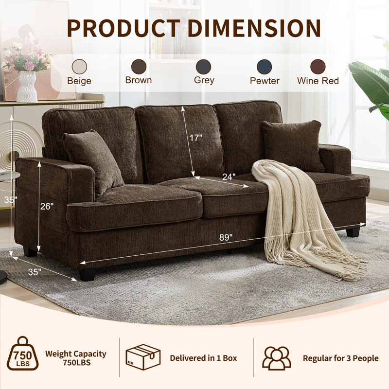 Modern 3 - Seater Chenille Upholstered Sofa ，sofa Couch With Square Arms For Living And Bedrooms, Brown