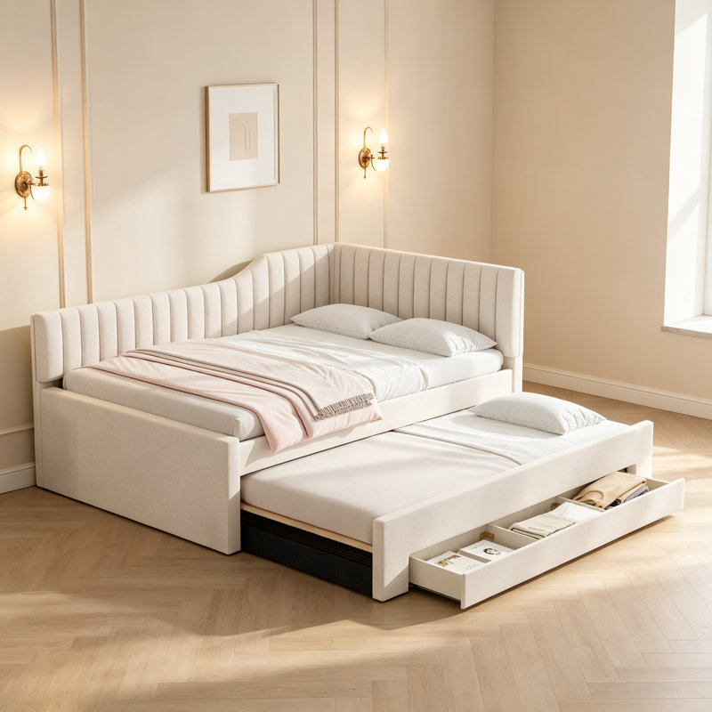 Lit de jour double rembourré avec lit gigogne et trois tiroirs, beige, Beige