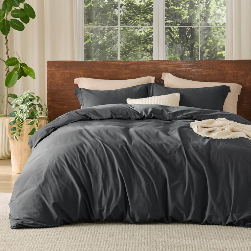 Bedsure 100% Washed Cotton Duvet Cover Set, charcoal gray, Super Queen Duvet Cover + 2 Shams(20"*30")