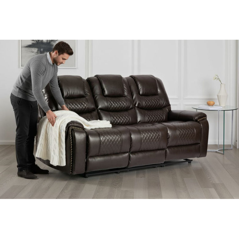 Pauling Manual Recliner Sofa, Brown Faux Leather, 3