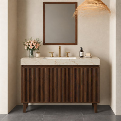 Fluted Wood Bathroom Vanity & Sink, Freestanding Storage Cabinet,Cream Gold Vein Sintered Stone Top & Ceramic Basin with 1/3 Pre-drilled Faucet Holes, Walnut Woodgrain Color
