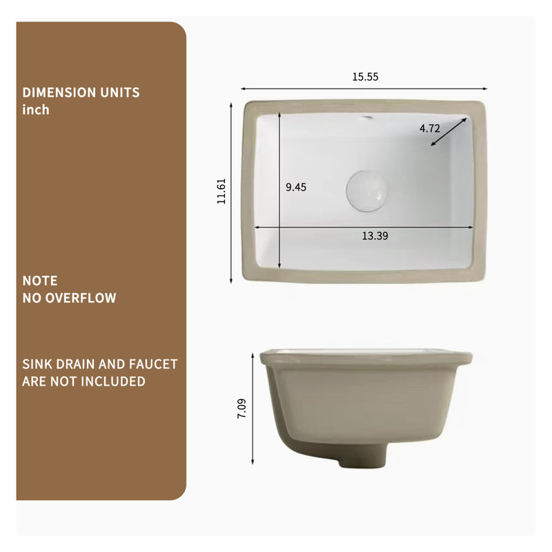 Lavabo de salle de bain rectangulaire encastrable 16 po, lavabo sous comptoir en céramique blanche avec trop-plein, lavabo American Design facile à nettoyer