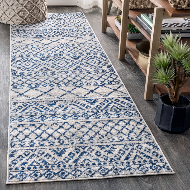 Tybalt Moroccan HYPE Boho Vintage Tribal Cream/Blue Rug, Runner 2'3" x 8'