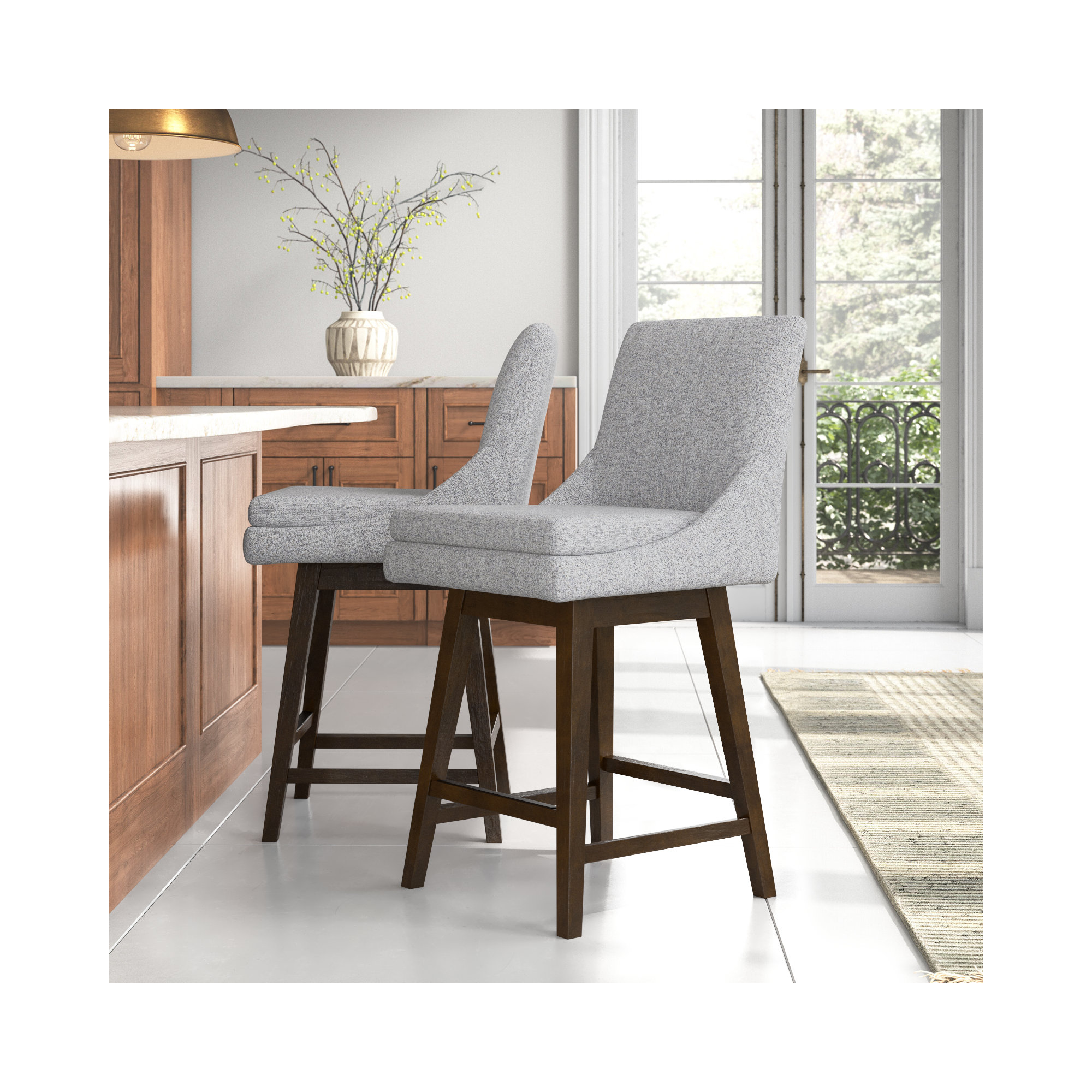 Upholstered Swivel Counter Stool (Set of 2), Nathan Gray Heathered/Walnut