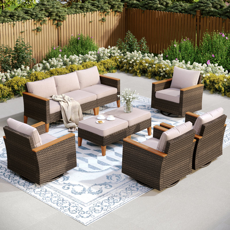 Argyri Outdoor Wicker Patio Conversation Furniture Set With Swivel Chairs, No