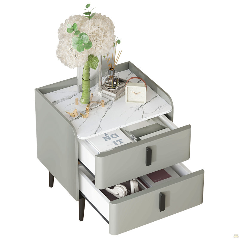 Table de chevet avec 2 tiroirs, table de chevet avec plateau en marbre, table d'appoint moderne, Gris