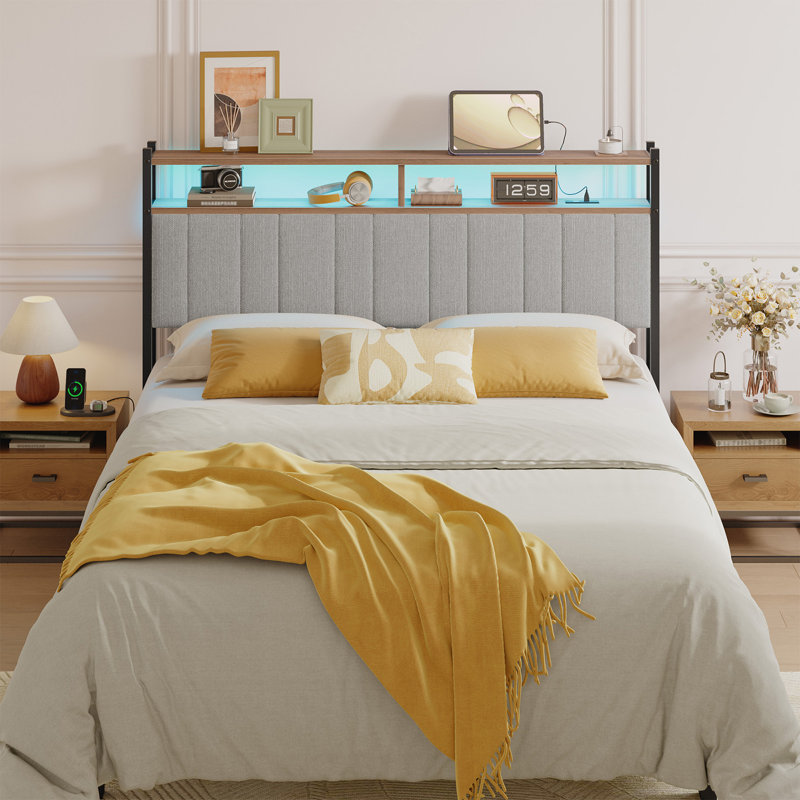 Storage Upholstered Headboard Metal Headboard With Charging Station LED Light And USB Port, Queen, Gray