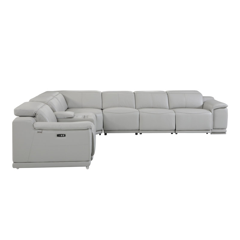 Harwyn 138" Wide Genuine Top Grain Italian Leather Symmetrical Reclining Corner Sectional, Light Gray Genuine Leather