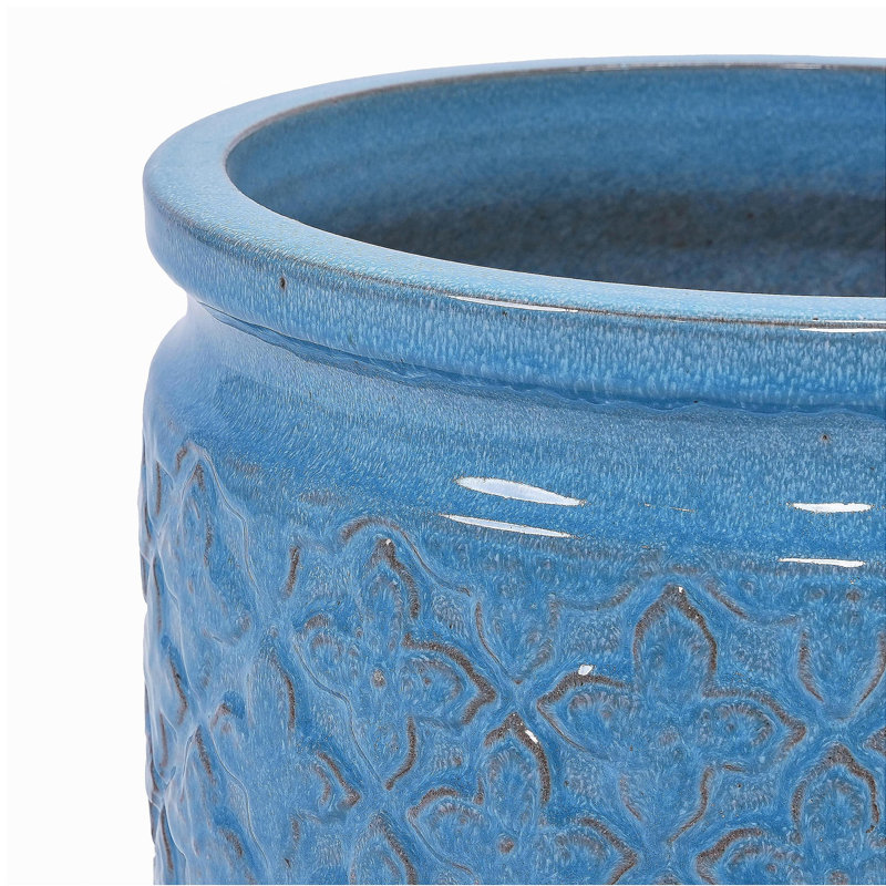 Handmade Ceramic Flower Pot Set of 3, 15/12/9 Inch Diameter, Blue with Geometric Pattern, for Orchids Indoor/Outdoor Use on Windowsill & Bookshelf, Breathable Clay