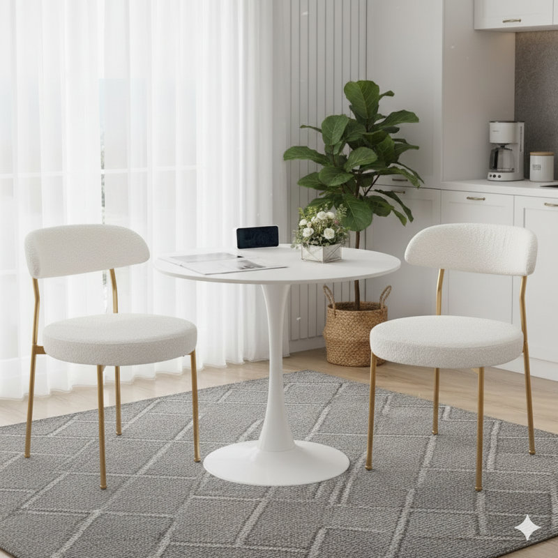 Ensemble de table de salle à manger rond avec 2 chaises, Blanc, Blanc / Doré