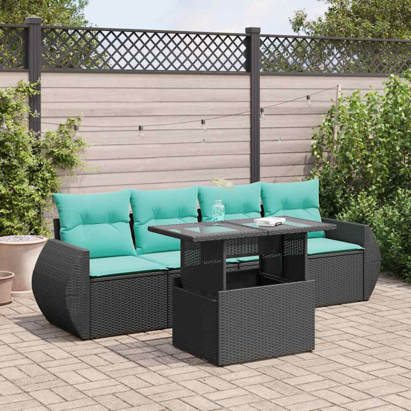  5 Piece Patio Sofa Set With Cushions Poly Rattan Acacia, Green, Black