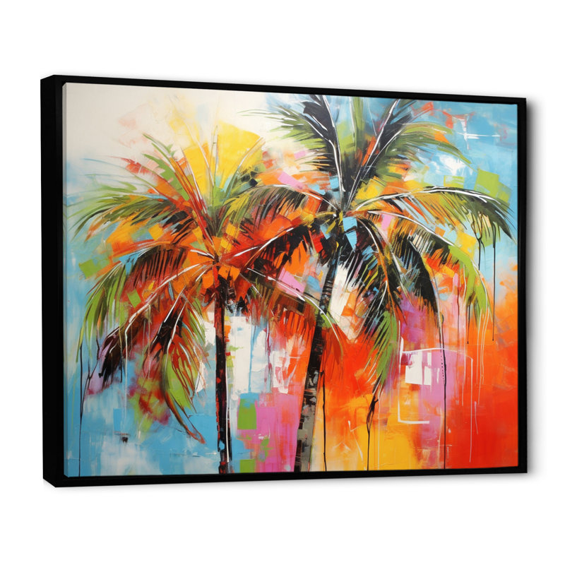 «Popart Palm Trees I», reproduction d'art sur toile Palm Trees, Cadre flottant noir, H 12 po x l 20 po x P 1 po