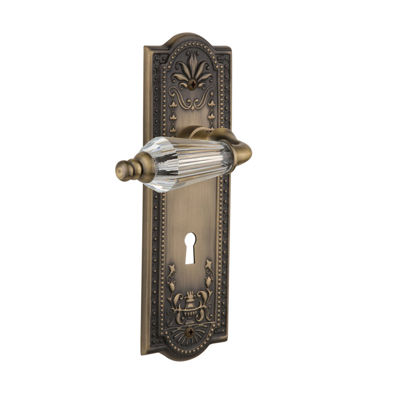Levier de porte de mortaise intérieur en cristal avec plaque longue salon Meadows, Laiton antique