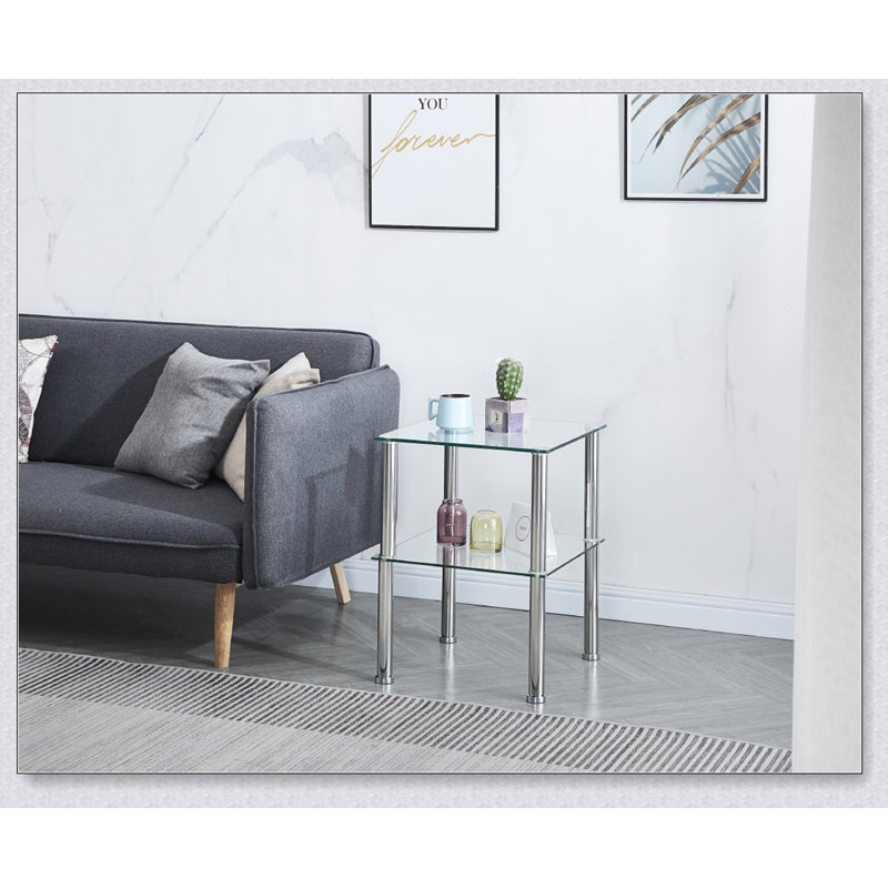 Table d'appoint 2 pièces avec rangement à 2 niveaux, table de chevet moderne pour le salon et la chambre à coucher, conception en verre trempé durable