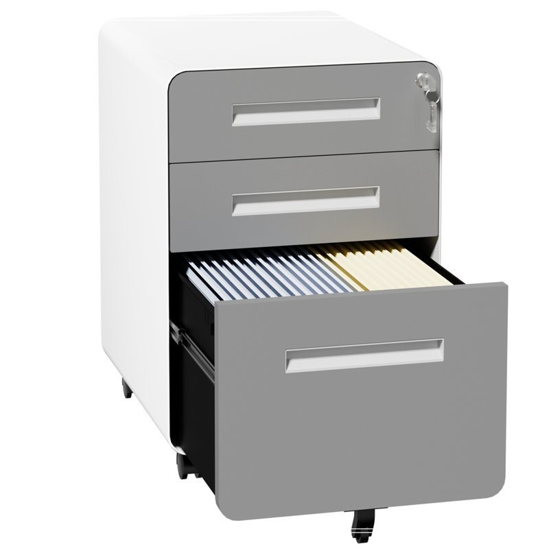 Classeur mobile en métal 3 tiroirs avec serrure, Blanc + gris