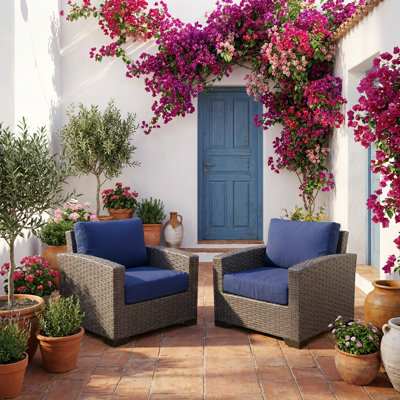  Set of 2 All-Weather Outdoor Wicker Patio Armchairs with Cushions, 330 LBS Capacity Porch Lounge Chairs with Removable Washable Cushions for Backyard, Deck, Garden, Navy Blue