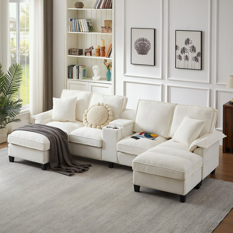 Canapé modulaire en velours côtelé avec rangement sous le siège et porte-gobelet, Velours côtelé beige