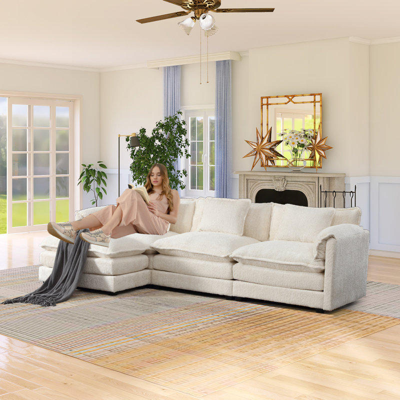 Eugenijus 112.2"W Modular Boucle Sectional, Beige Boucle